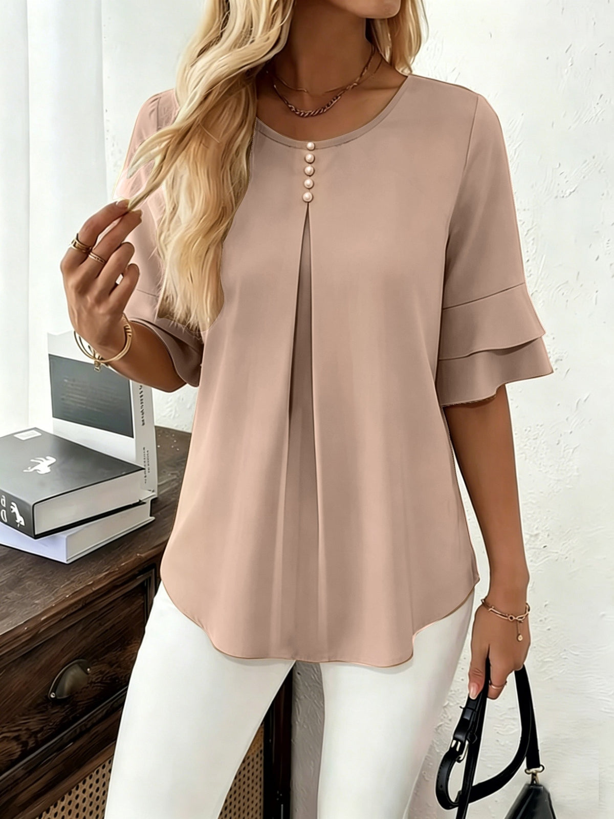 Women's Casual Comfortable Loose Slimming Double Layer Ruffled Blouse