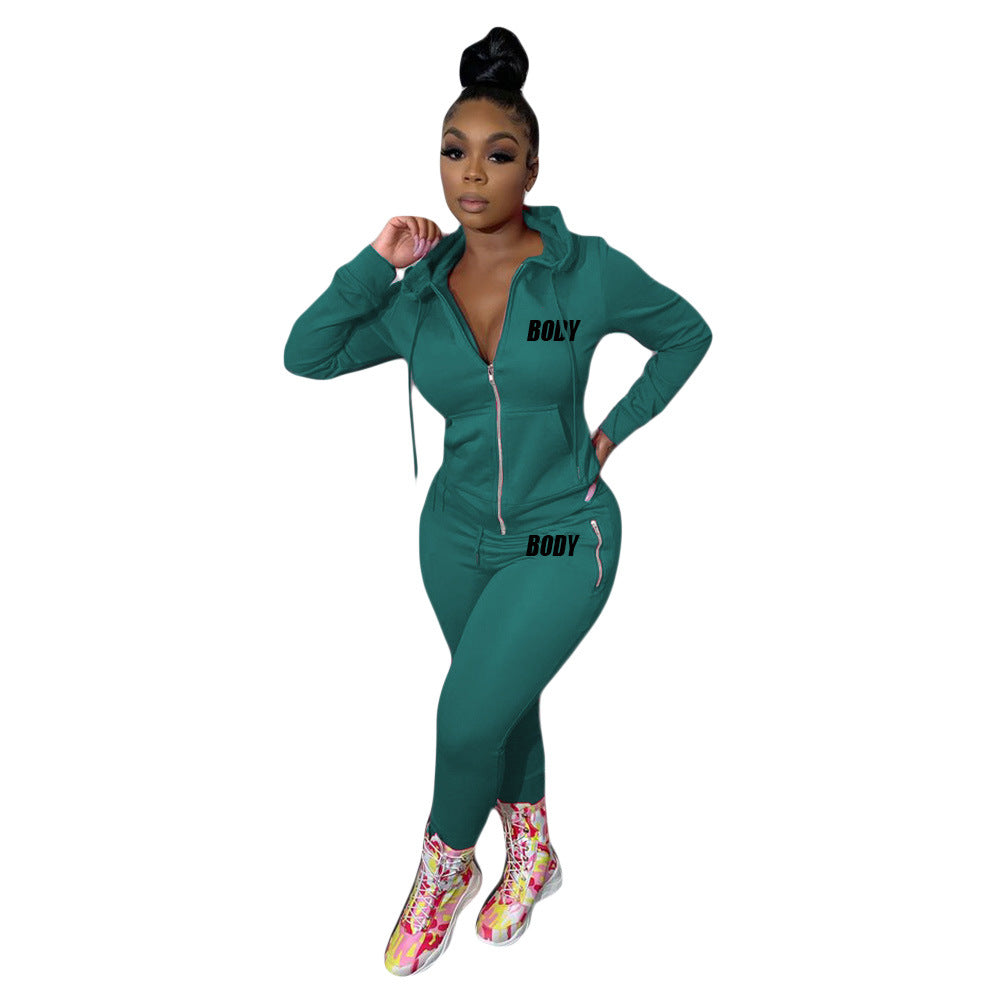 Women's Autumn Letters Printing Personality Zipper Two-piece Clothing