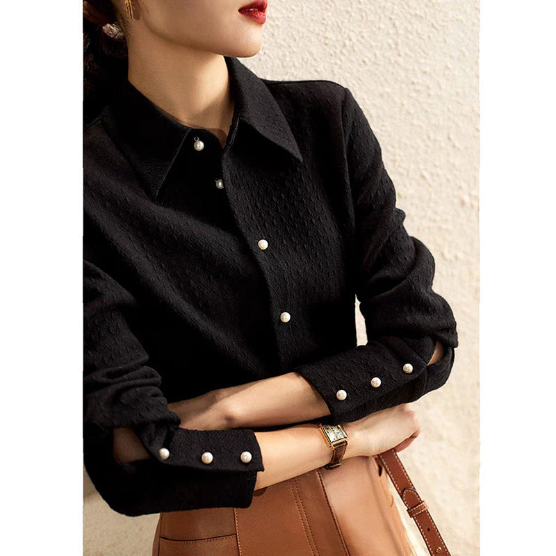 Women's Slimming Long Sleeves Black Shirt Design Sense Niche Casual Chic Blouse