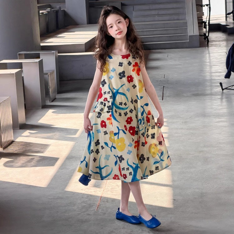 Children's Vest Vacation Style Beach Long Floral Children's Dress