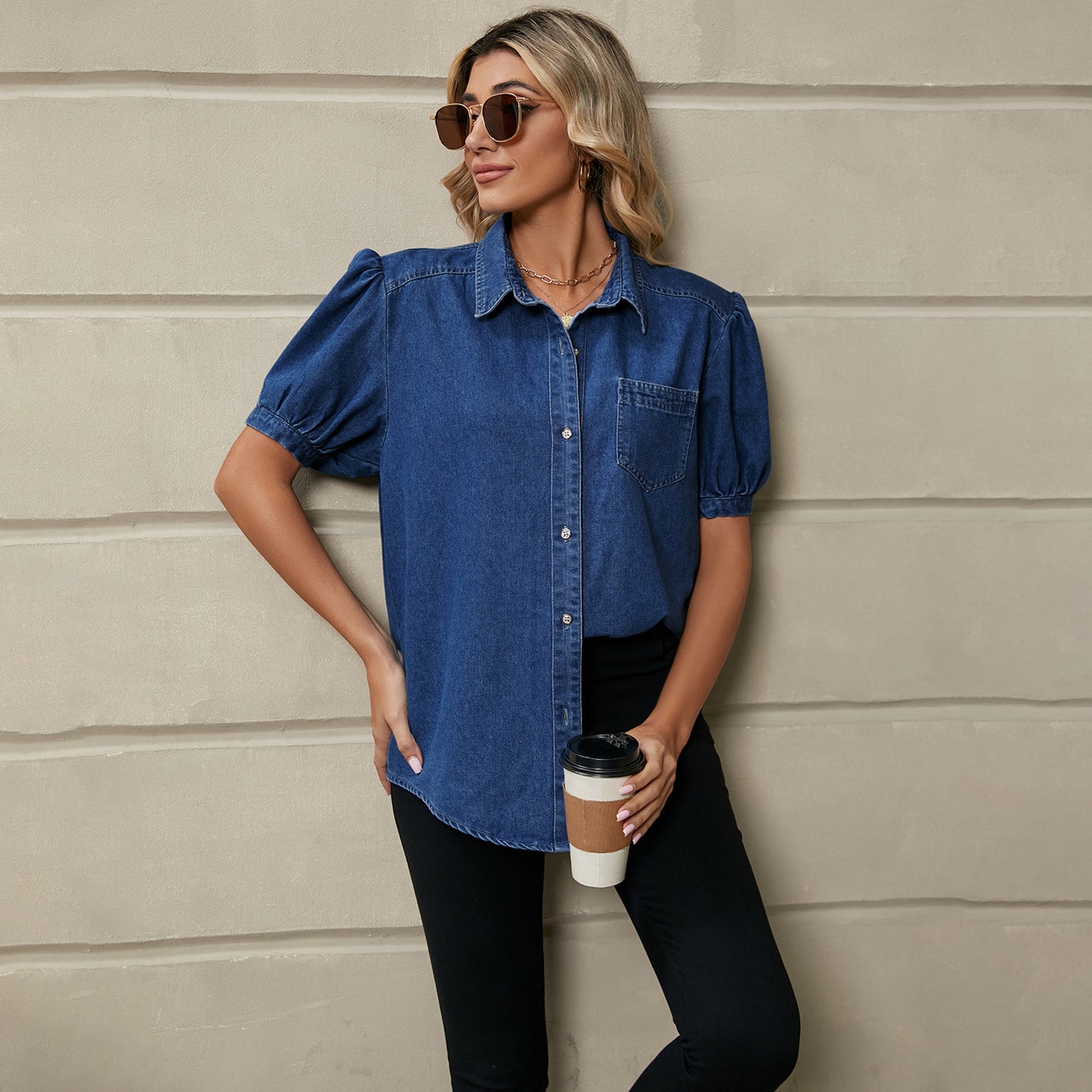 Women's Princess Sleeves Lapel Thin Denim Shirt Casual Tops