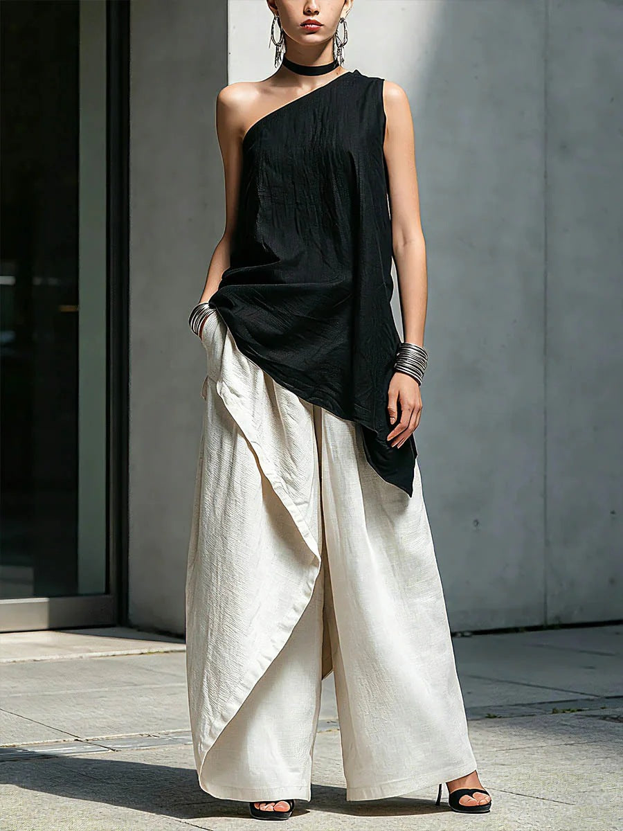 Women's Asymmetric Shoulder Cotton Linen Loose Leisure Tops