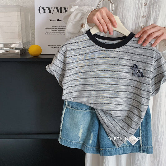Children's Boy's Short-sleeved Summer Korean Style Striped Pullover Thin Top Boys Children's T-shirt