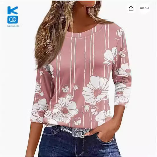 Women's Printed Solid Color Three-quarter Length Sleeve Long Women's T-shirt