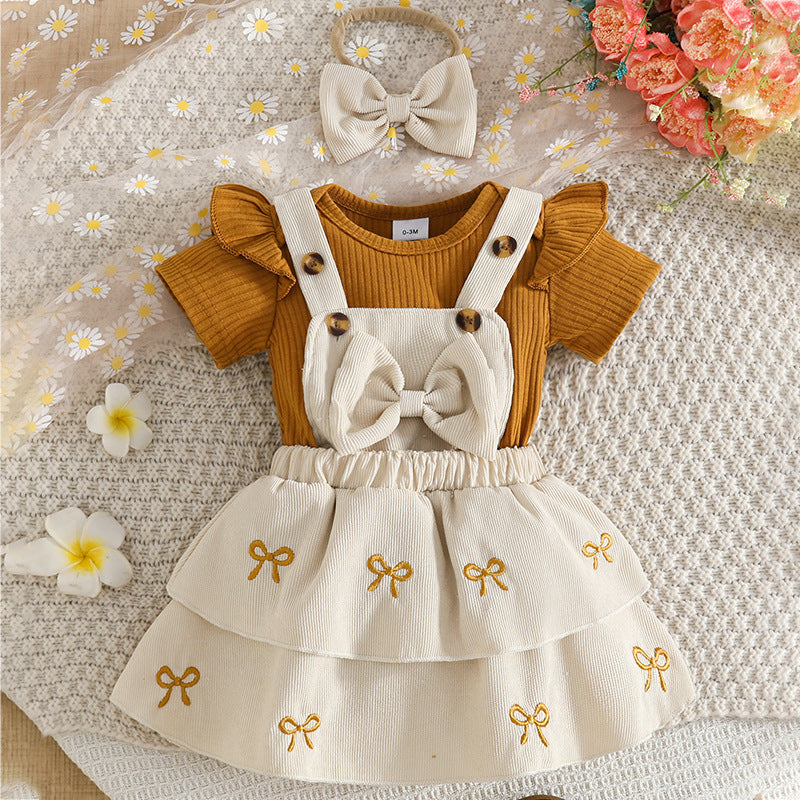 Sleeve Triangle Rompers Bow Embroidered Suspender Dress Headdress Three-piece Children's Suit