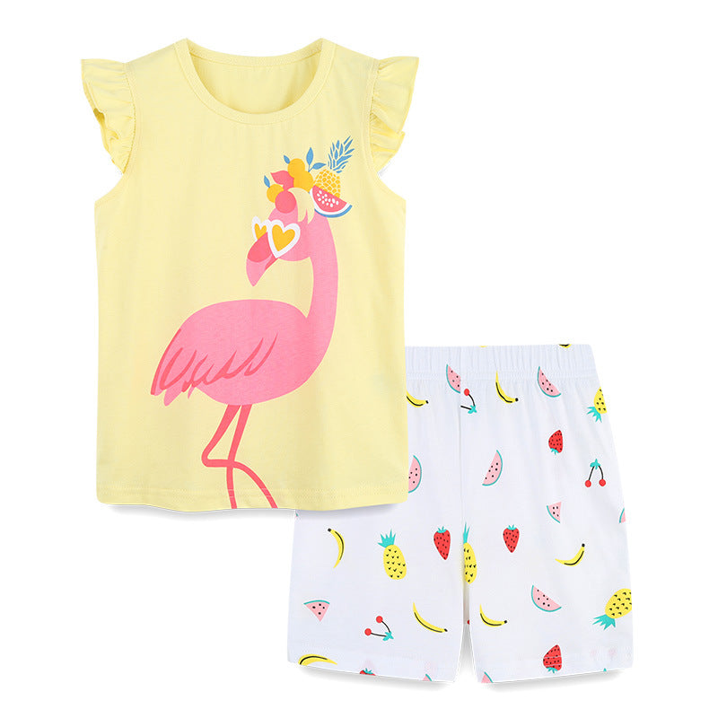 Children's Short-sleeved Summer Knitted Cotton T-shirt Cartoon Round Neck Two-piece Children's Suit