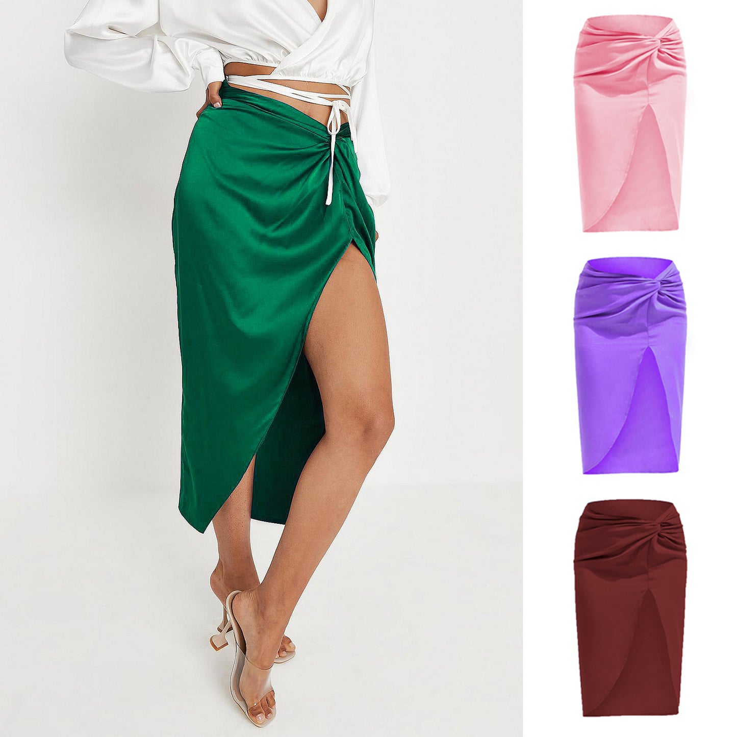 Women's Solid Color Satin Split Package Hip With Skirt