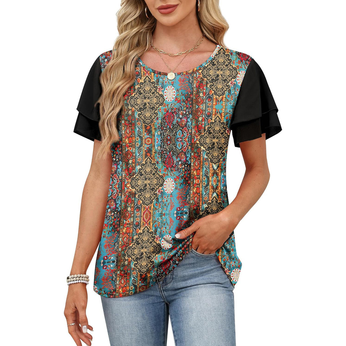 Women's Round Neck Printed Contrast Color Double Tops