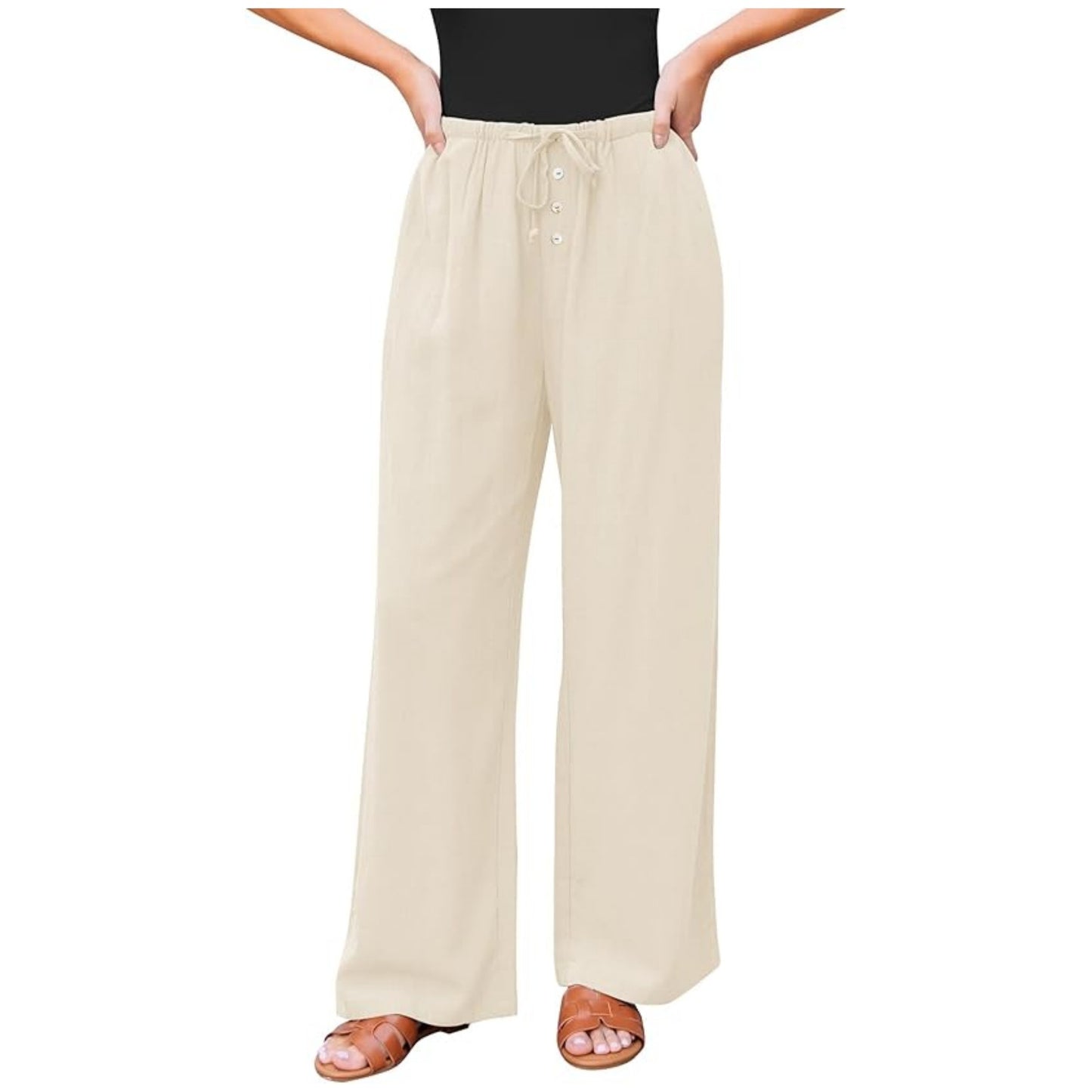 Women's High Waist Comfortable Wide Leg Drawstring Pocket Button Casual Pants