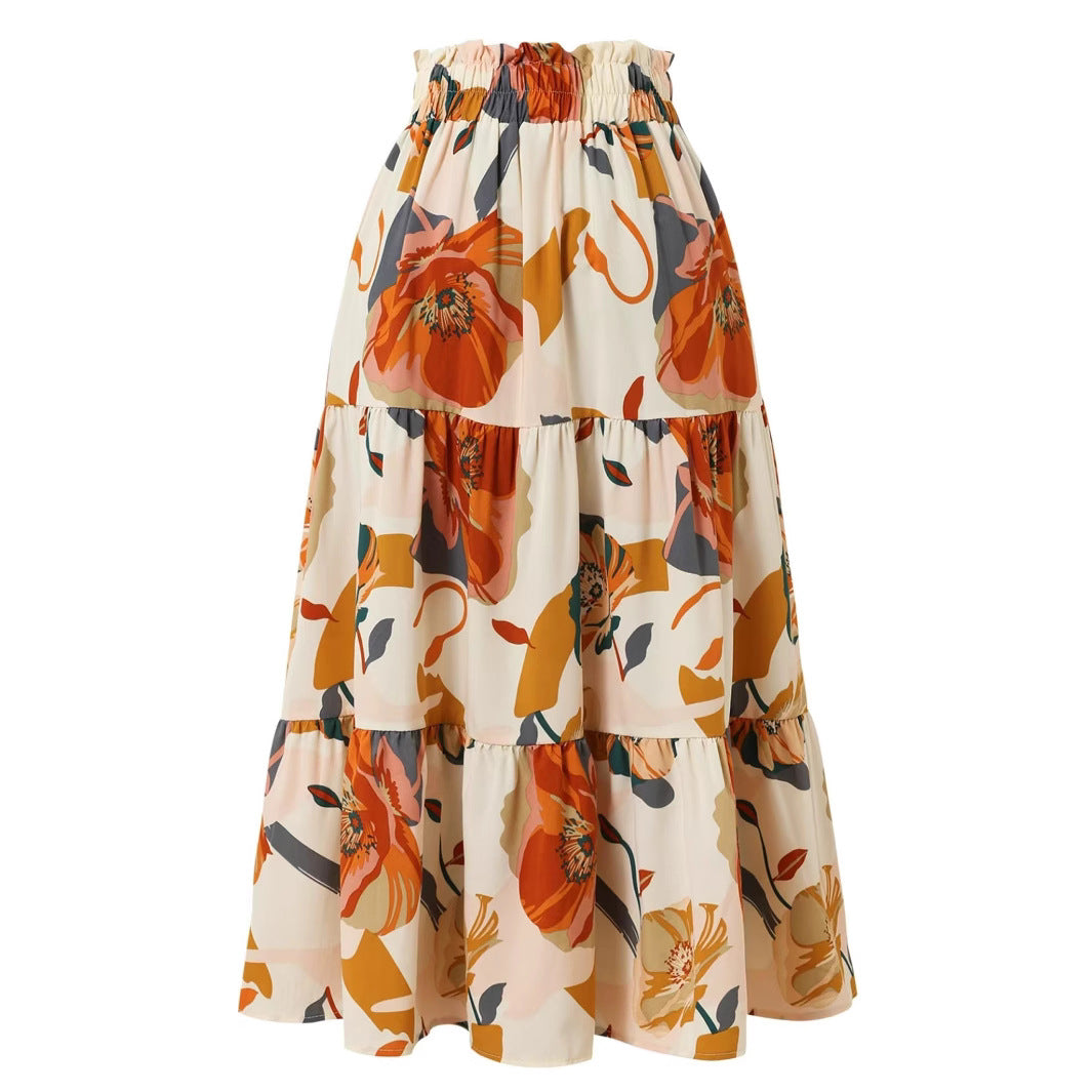 Elastic Waist Printing Long Swing Umbrella Skirts