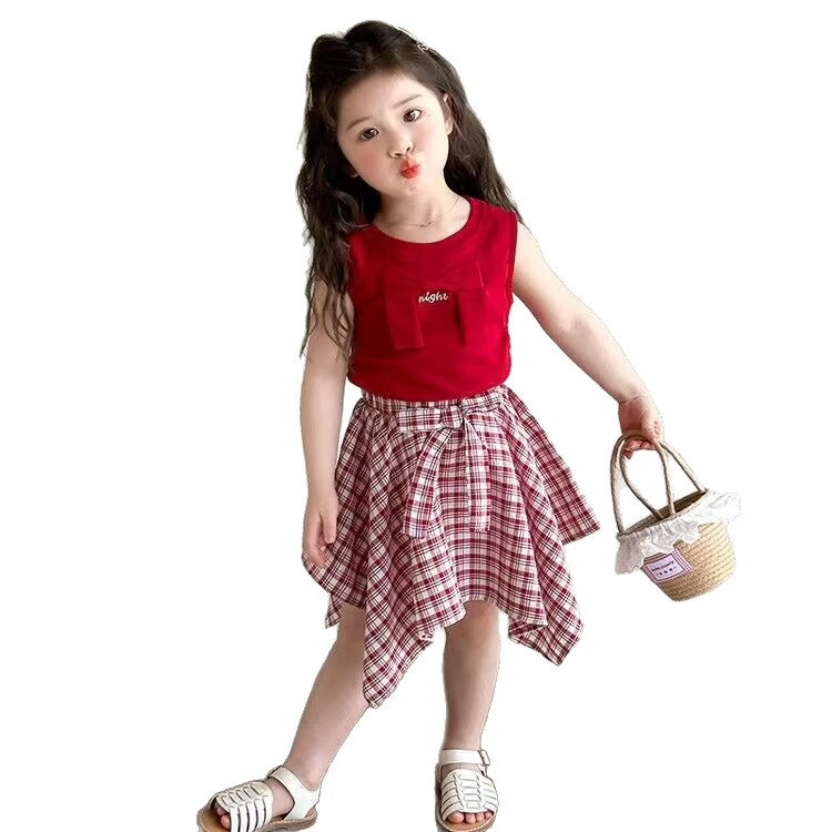 Children's Korean Style Western Skirt Medium Big Summer Short Vest Tartan Children's Suit