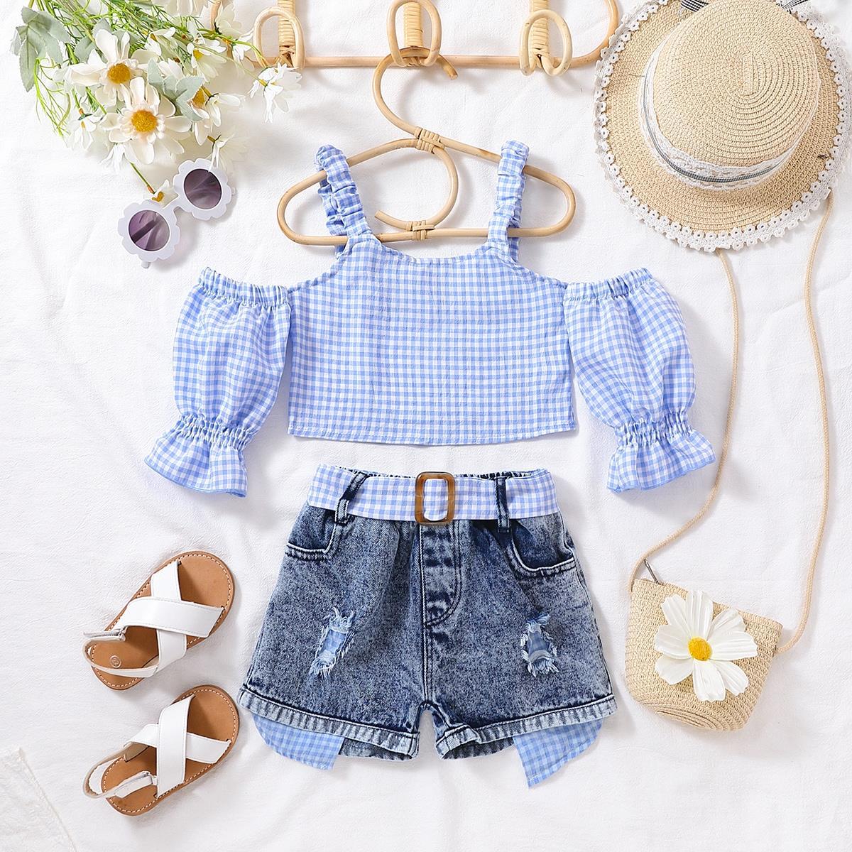 Summer Strap Puff Sleeve Sweet Two-piece Children's Suit