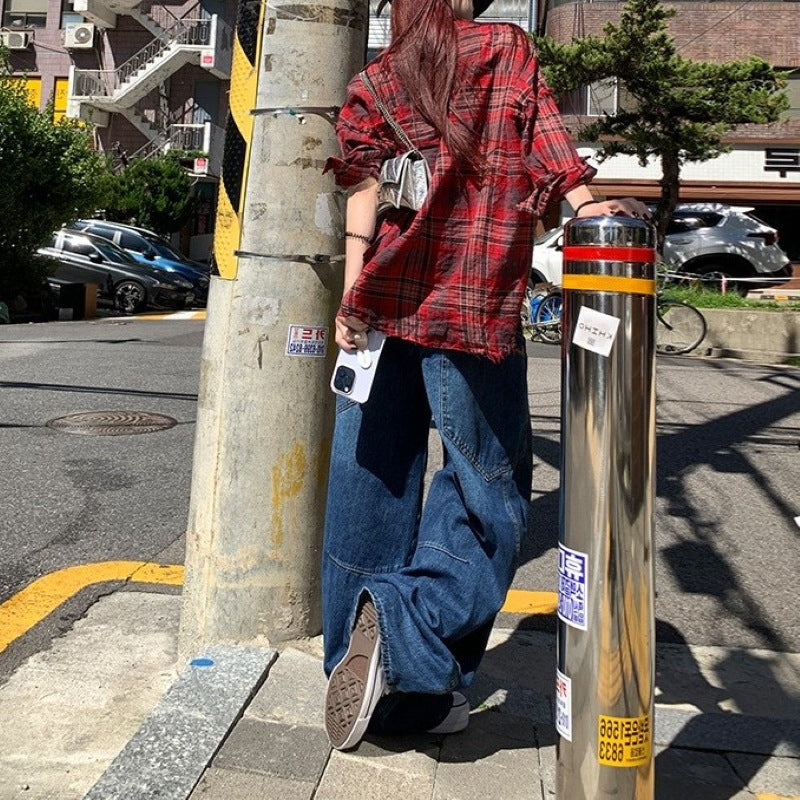 Less Sense Street Machete Denim Stitching Slim Fit Slimming Loose Women's Jeans