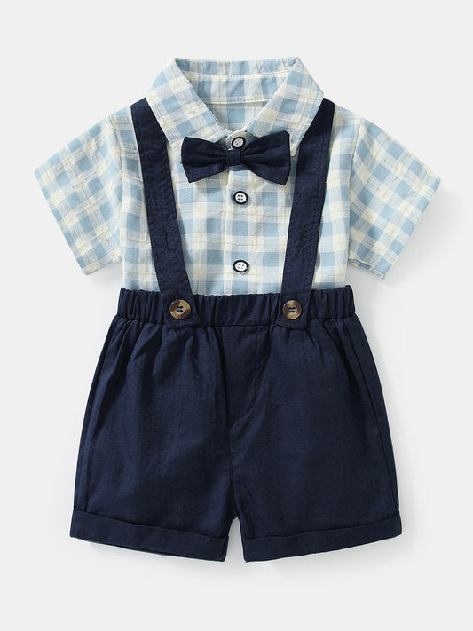 Children's Summer Plaid Shirt Short-sleeved Suspender Pants Korean Boys Gentleman Children's Suit