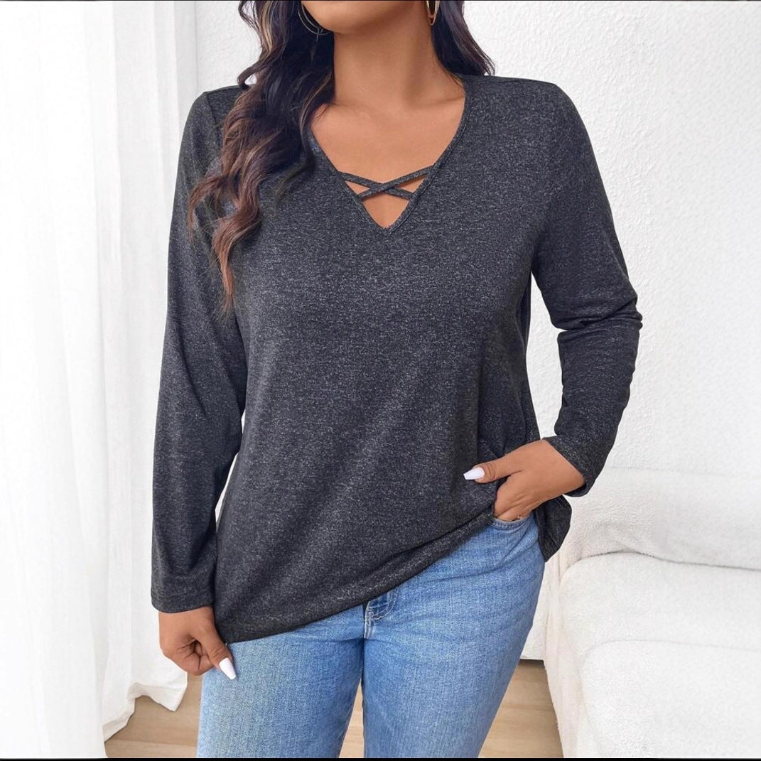 Women's Cross Long Sleeve Cotton Solid Color Casual Large Size T-shirt