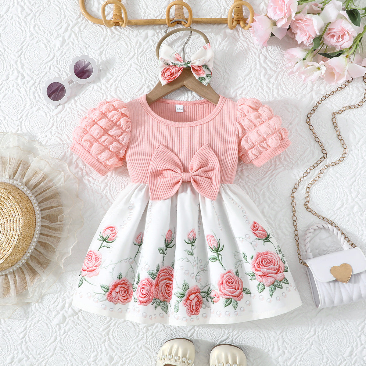 Puff Sleeve Sunken Stripe Top Floral Children's Dress