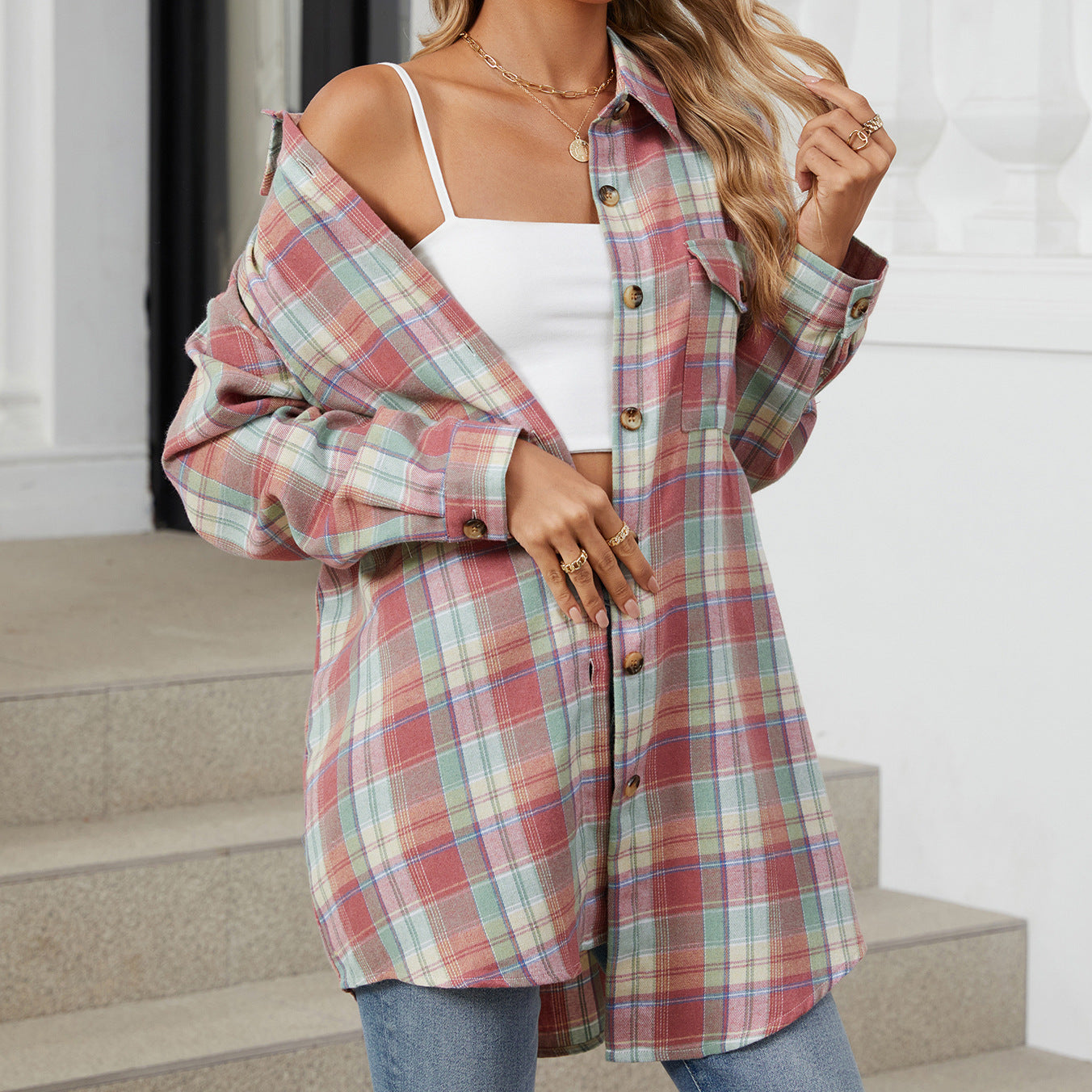 Style Plaid Shirt Brushed Long Sleeve Blouse