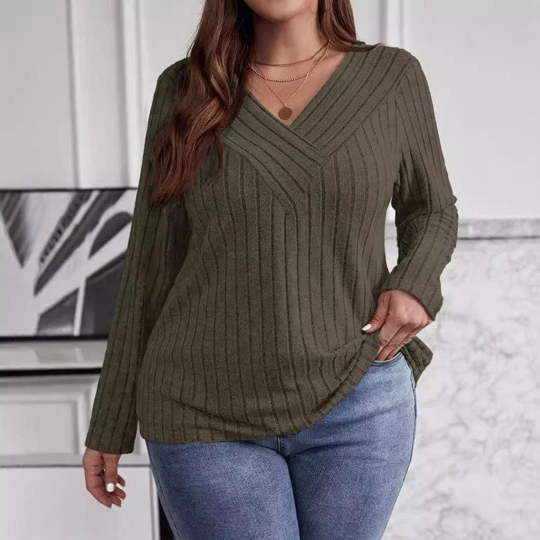 Solid Color Cross Long Sleeve Sunken Stripe Brushed Tops