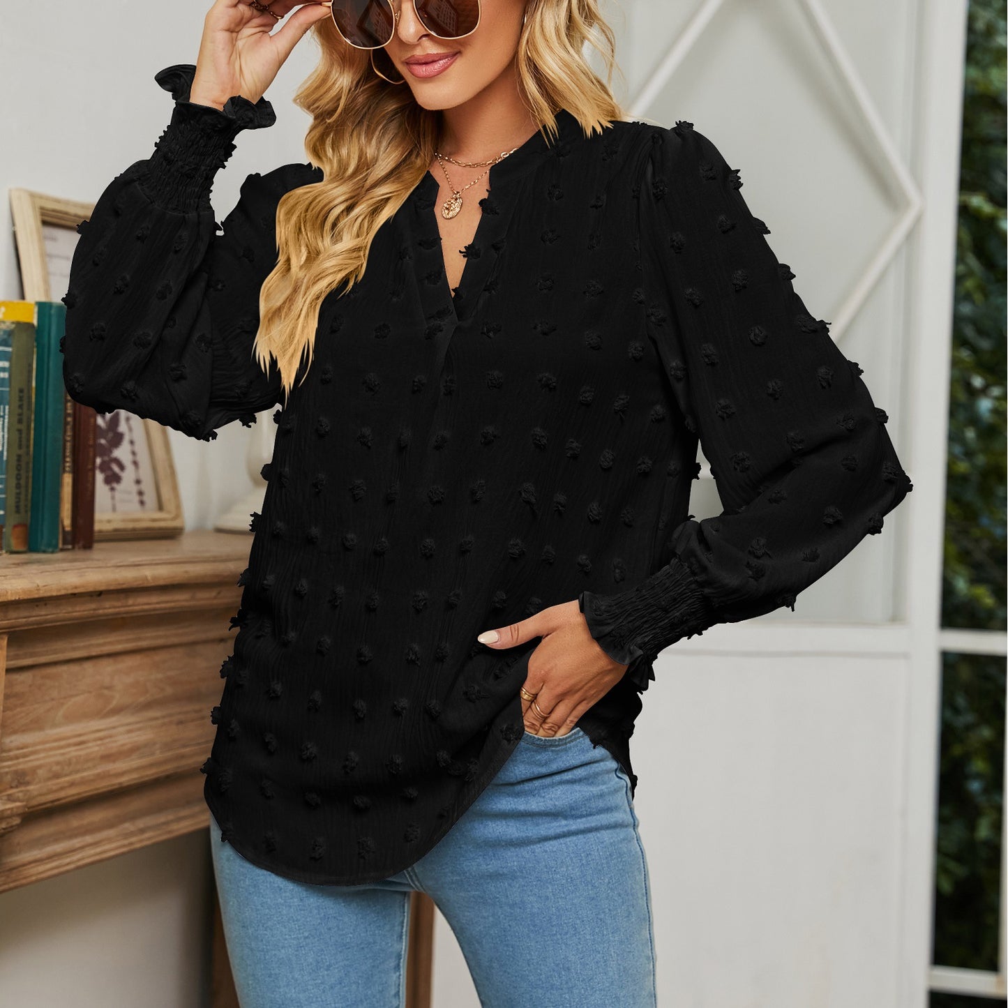 Women's Autumn Polka Dot Long-sleeved Bubble Sleeve Tops