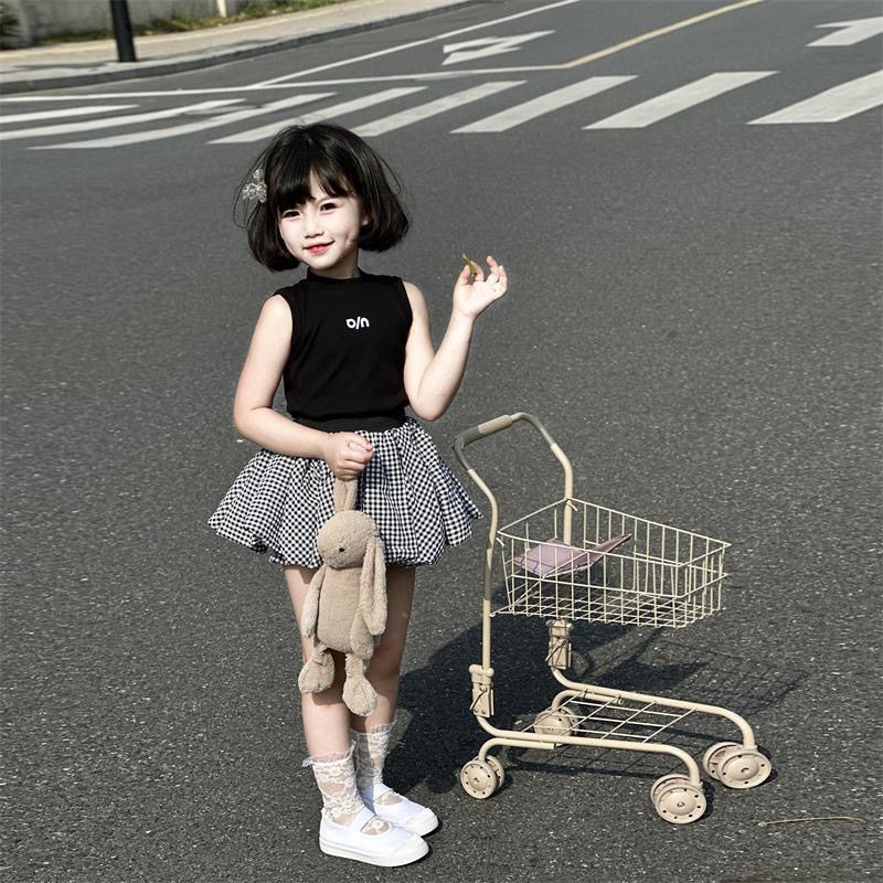 Children's Summer Letters Vest Plaid Cloud Bud Skirt Pants Two-piece Children's Suit