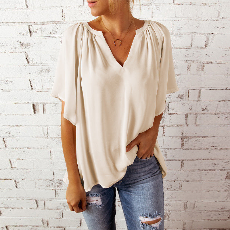 Women's Summer Loose Half Sleeve T-shirt Pullover Lace Shirt, Chiffon Shirt