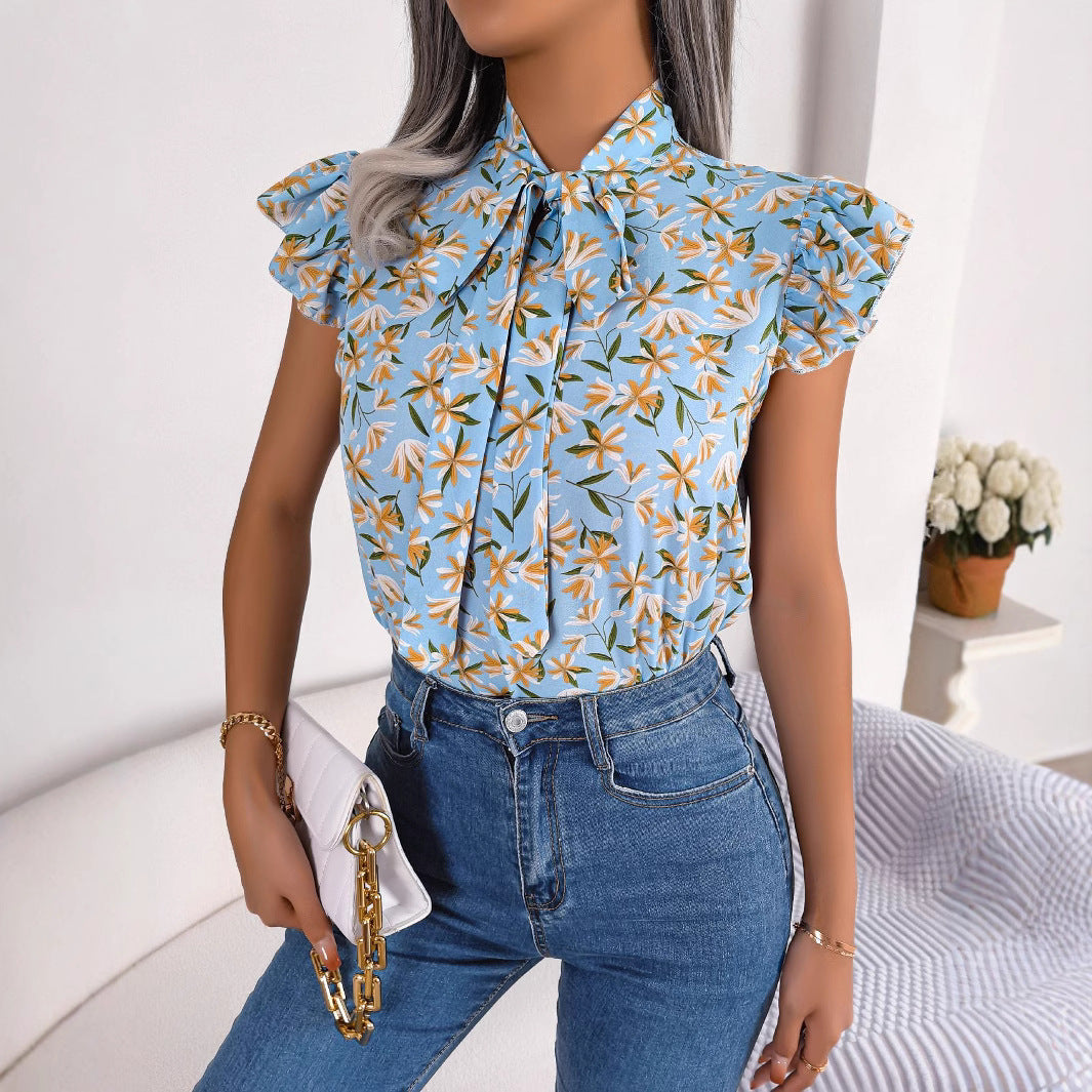 Women's Casual Floral Stringy Seedge Bow Lace Shirt, Chiffon Shirt