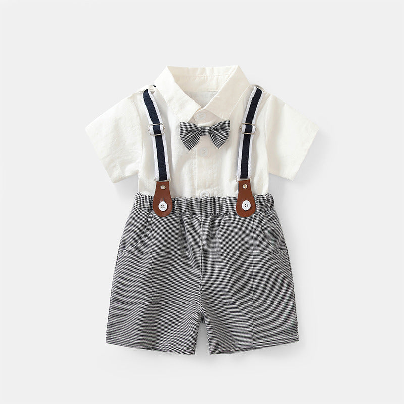 Children's Short-sleeved White Shirt Suspender Pants Campus Garden Children's Suit