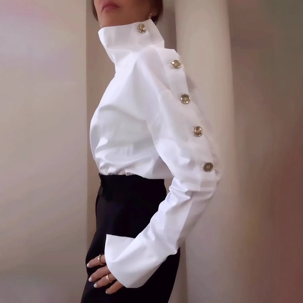 Fashion Solid Color Turtleneck Metal Buckle Blouse
