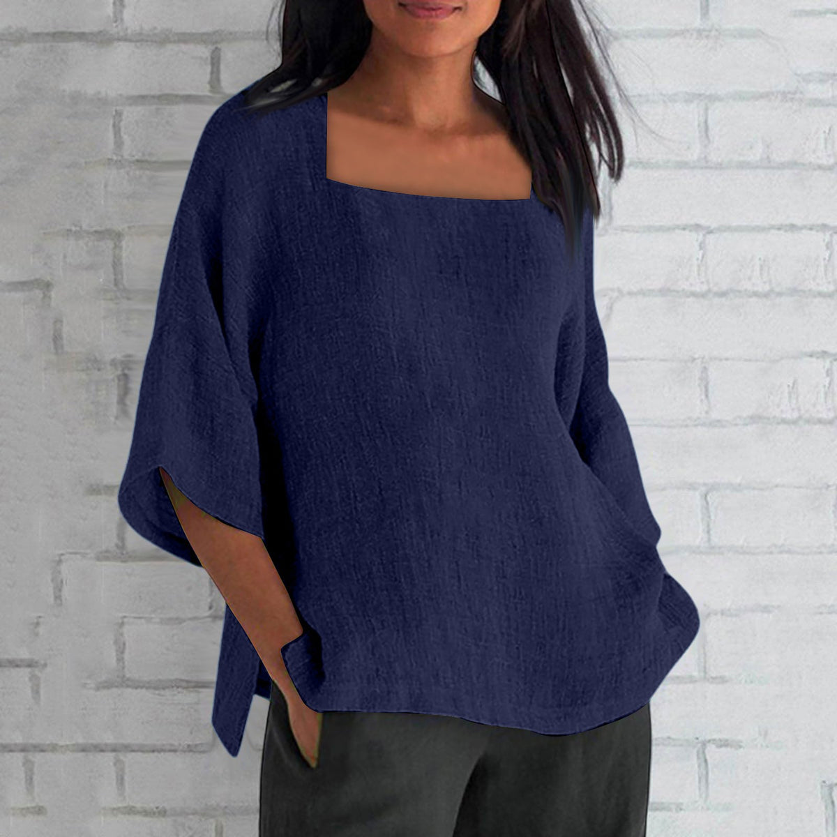 Women's Three-quarter Sleeve Square Collar Cotton Linen Blouse