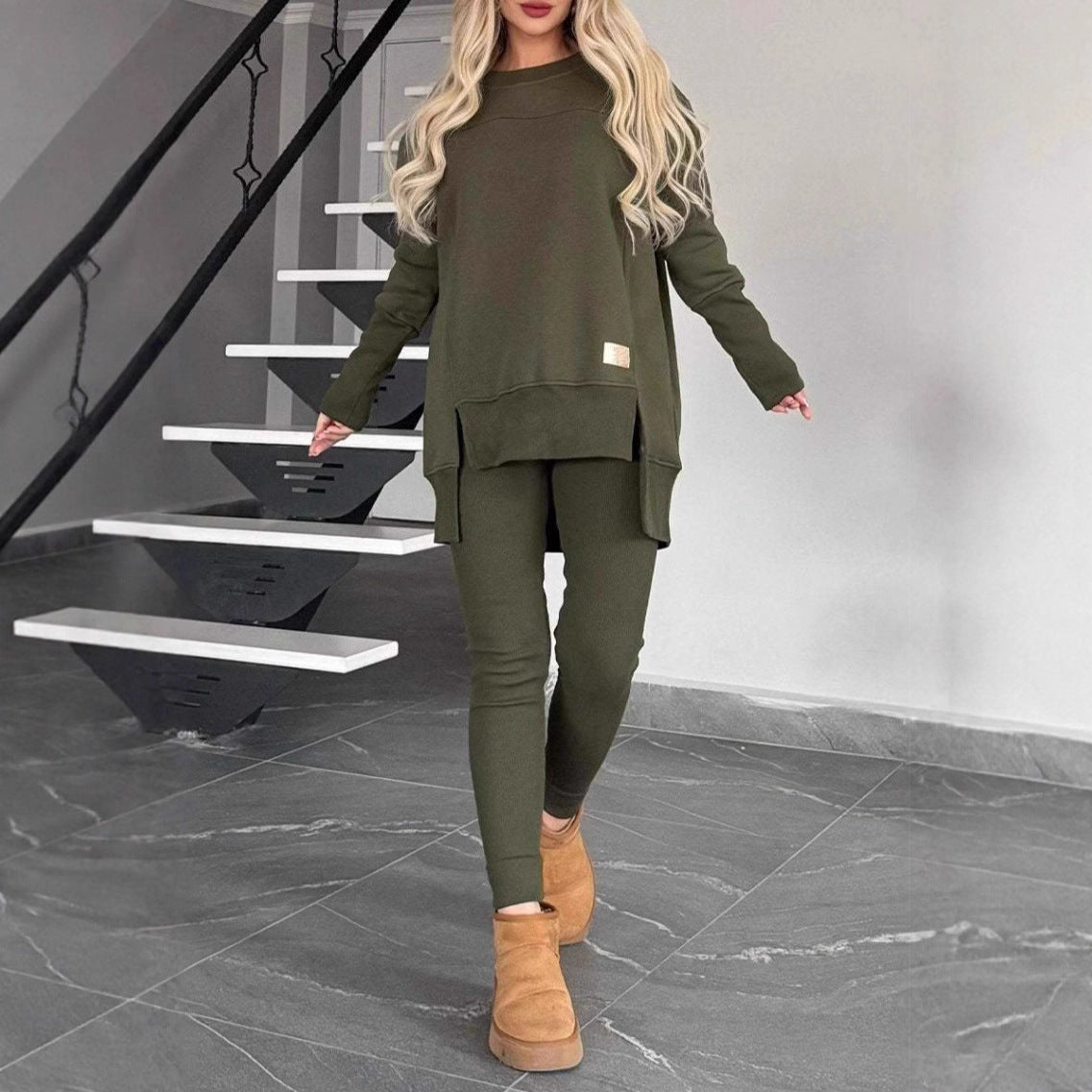 Women's Slit Long Sleeve Crew Neck Solid Color Fashion Casual Suit
