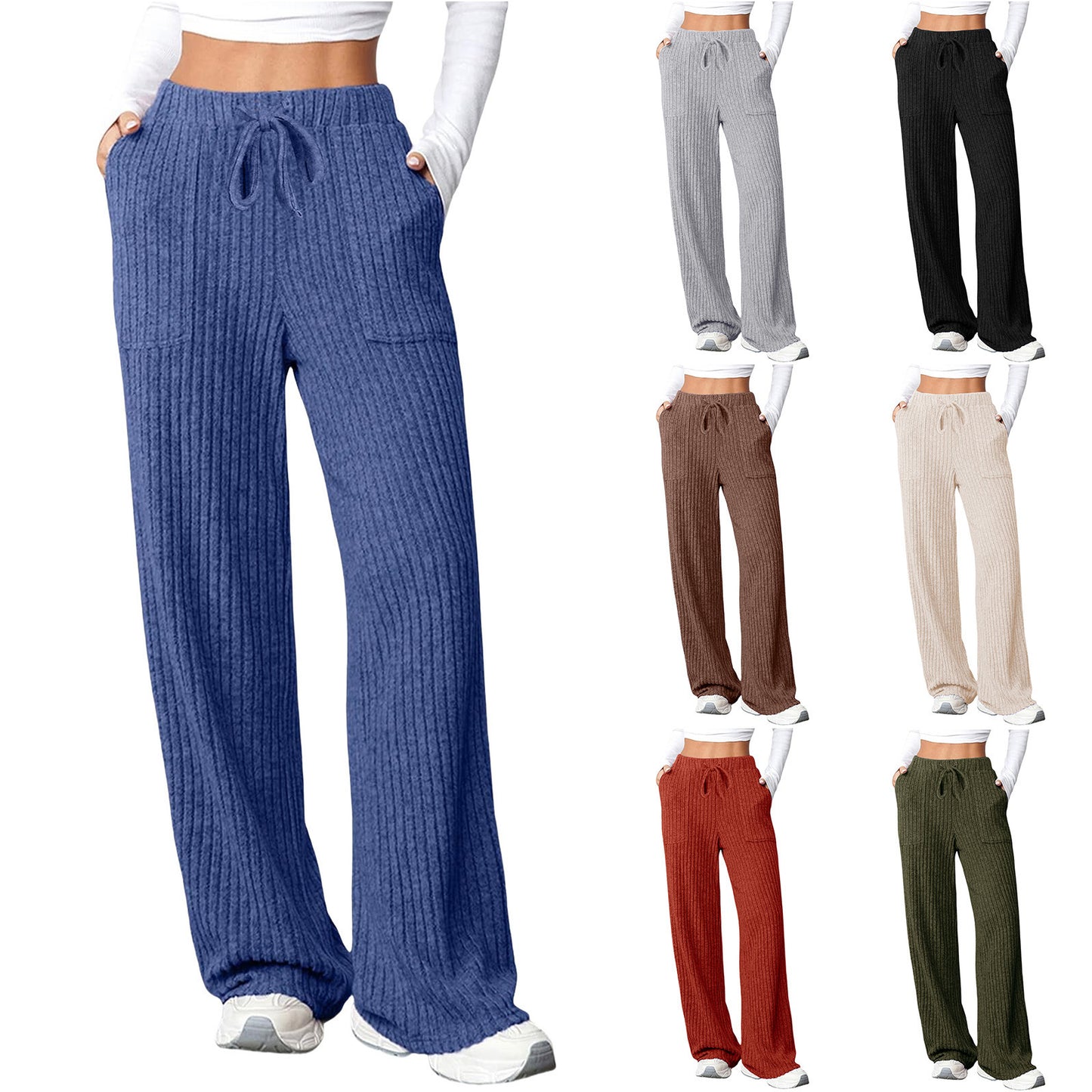 Women's Solid Color Rib Fabric Pocket Casual Pants