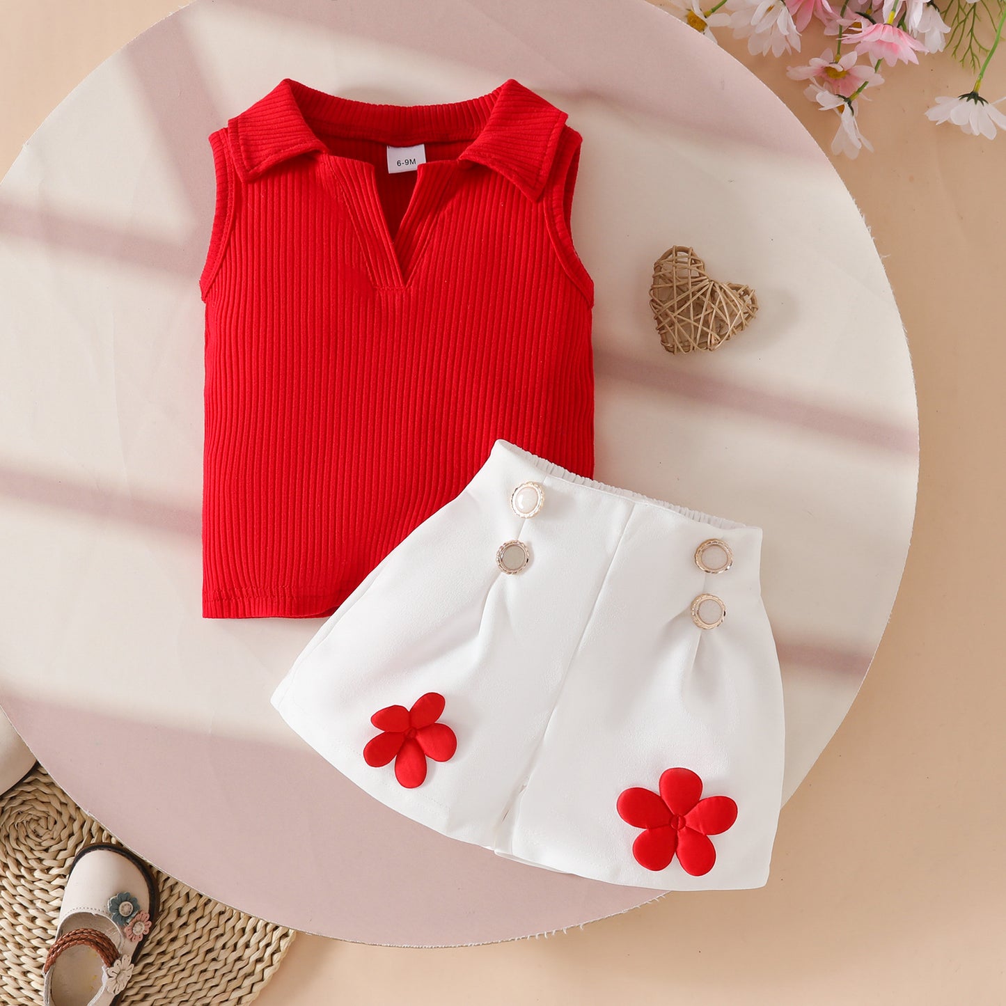 Sweet Toddler Sleeveless Lapel Open Chest Sunken Stripe Top Three-dimensional Children's Suit