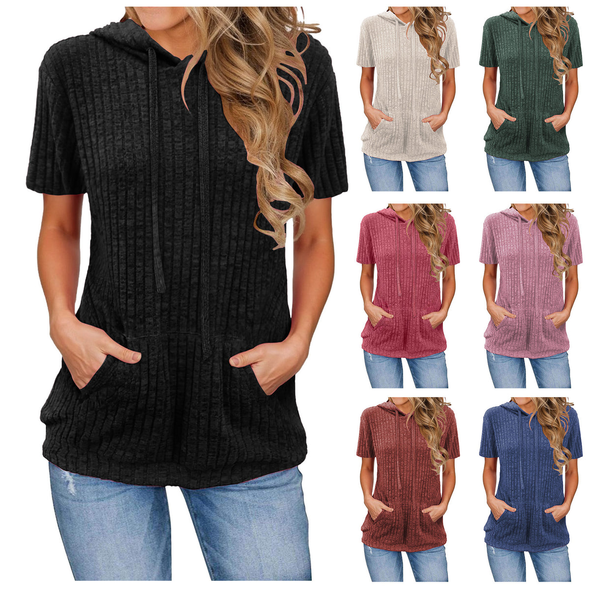Women's Sunken Stripe Pocket Hooded Vacation Short-sleeved Women's T-shirt