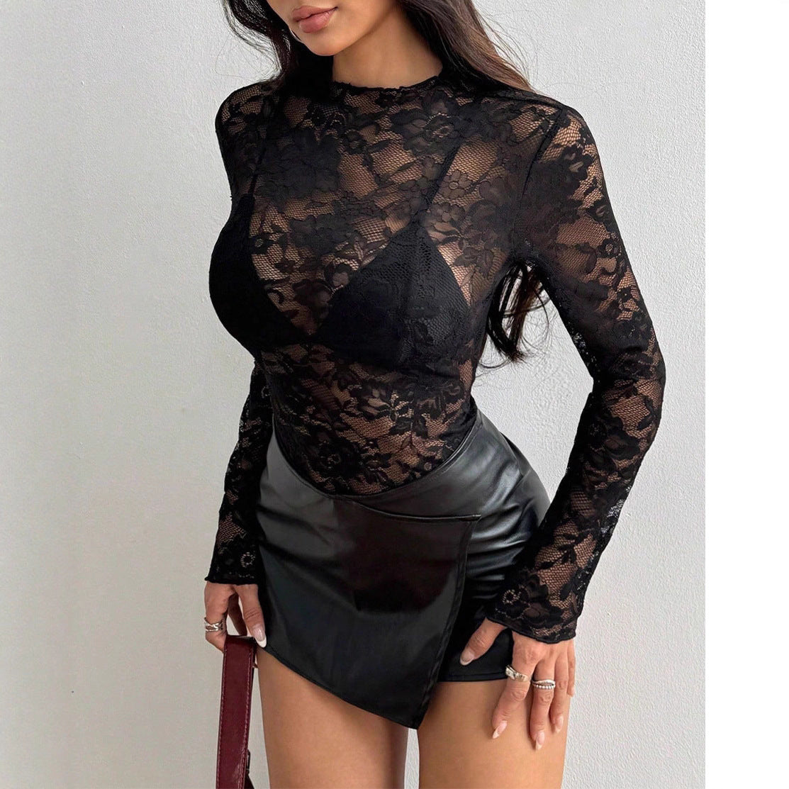 Women's Autumn Long Sleeve Rose Jacquard Sexy Tops