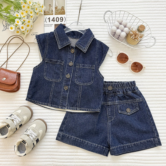 Summer Korean Style Denim Sleeveless Shorts Two-piece Children's Suit