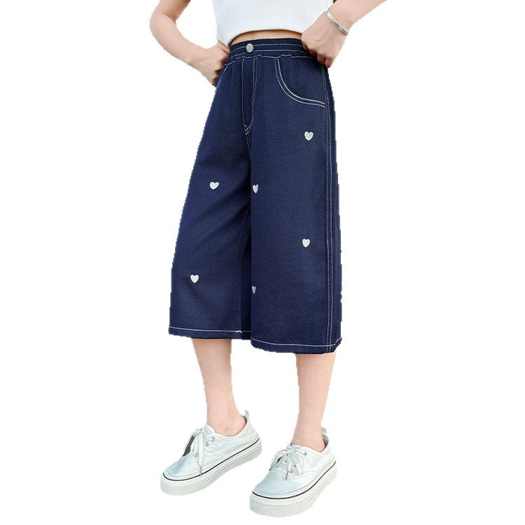 Summer Thin Medium Large Love Embroidered Cropped Junior High School Children's Pants
