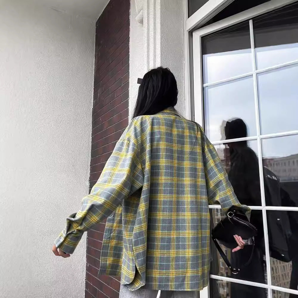 Women's Retro Easy Matching Lapel Loose Plaid Long-sleeved Blouse