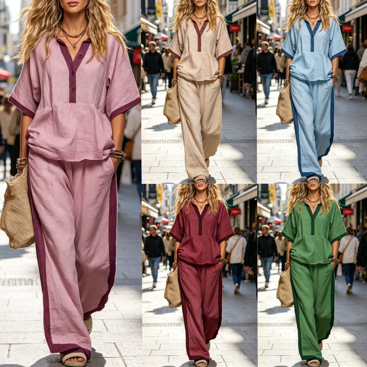 Women's Sleeves Loose Solid Color Elastic Waist Wide Fashion Casual Suit