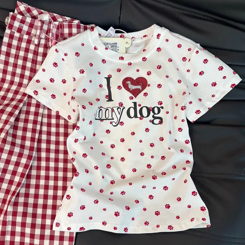 Children's Summer Love Rhinestone Dog's Paw Full Printed Short-sleeved Bottoming Shirt Children's T-shirt