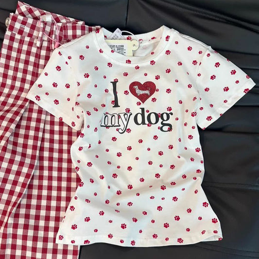 Children's Summer Love Rhinestone Dog's Paw Full Printed Short-sleeved Bottoming Shirt Children's T-shirt