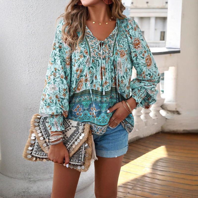 Women's Bohemian Vacation Style Printed Long Sleeve Tops