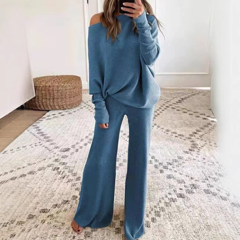 Simple Batwing Sleeve Long Drawstring High Waist Wide Leg Trousers Suits