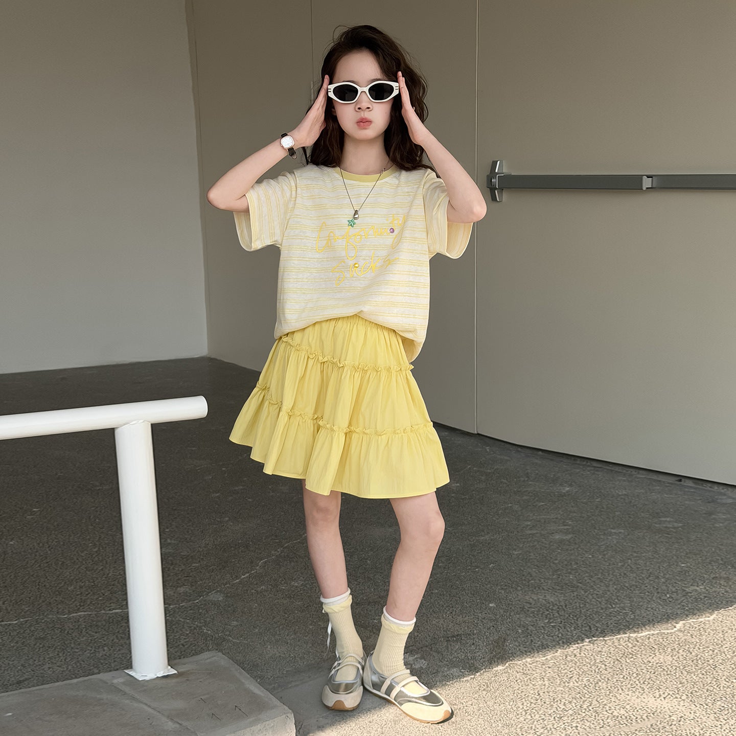 Summer Clothing Middle Big Sweet Stripes T-shirt Lace Skirt Short Children's Suit