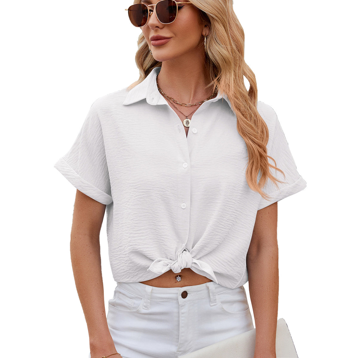 Solid Color Polo Collar Short-sleeved Button Lace Shirt, Chiffon Shirt