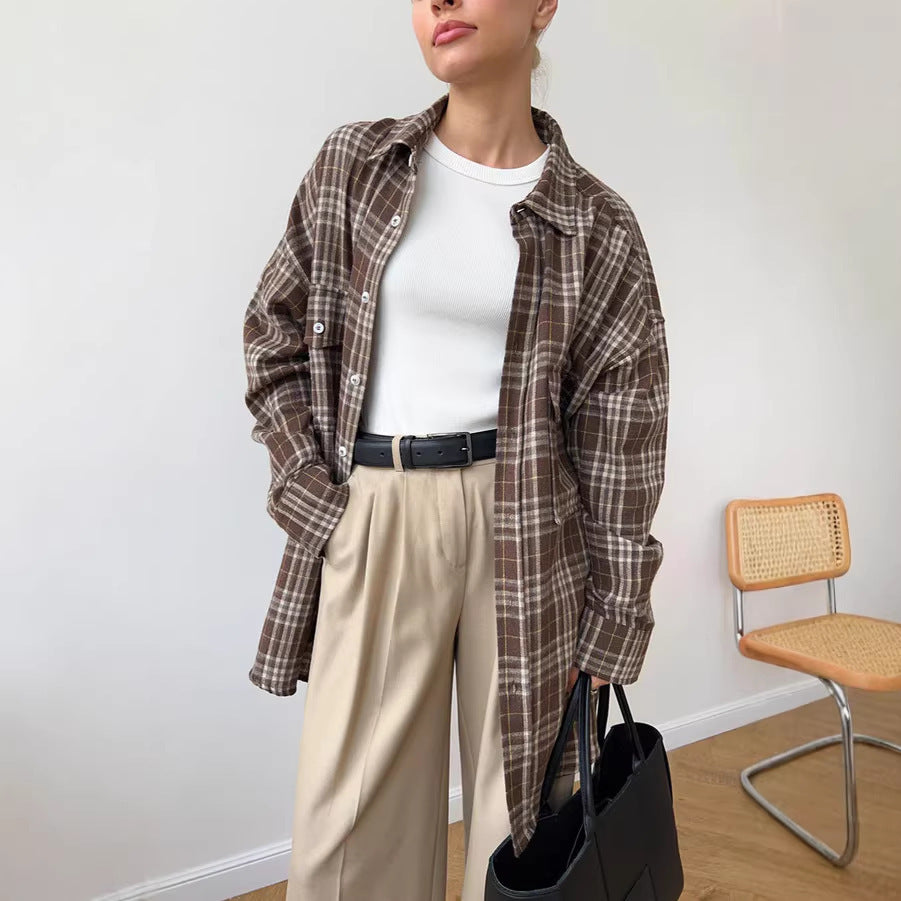Women's Plaid Shirt American Retro Double Pocket Striped Women's T-shirt