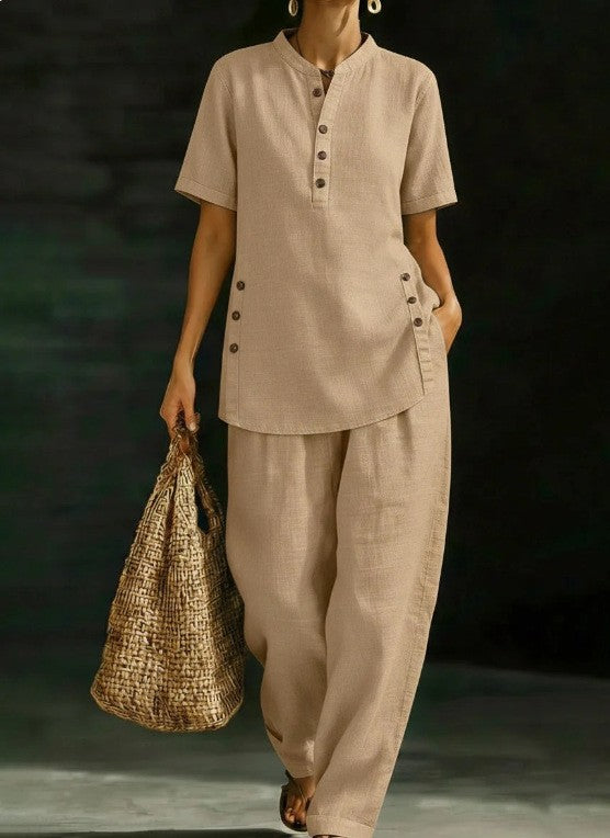 Button Shirt Wide Leg Linen Two-piece Fashion Casual Suit