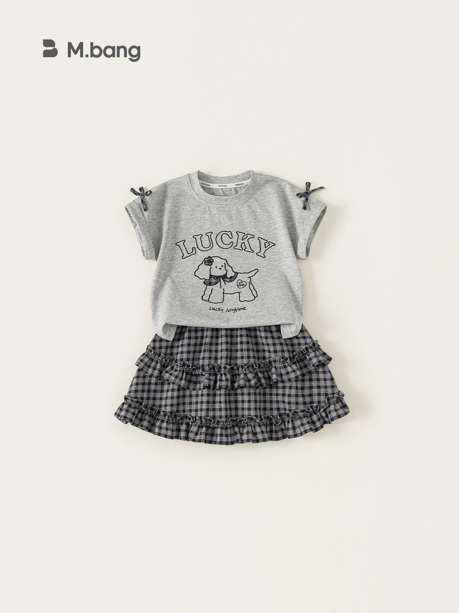 Children's Clothing Bow Cute Short Sleeve Plaid Lace Children's Suit