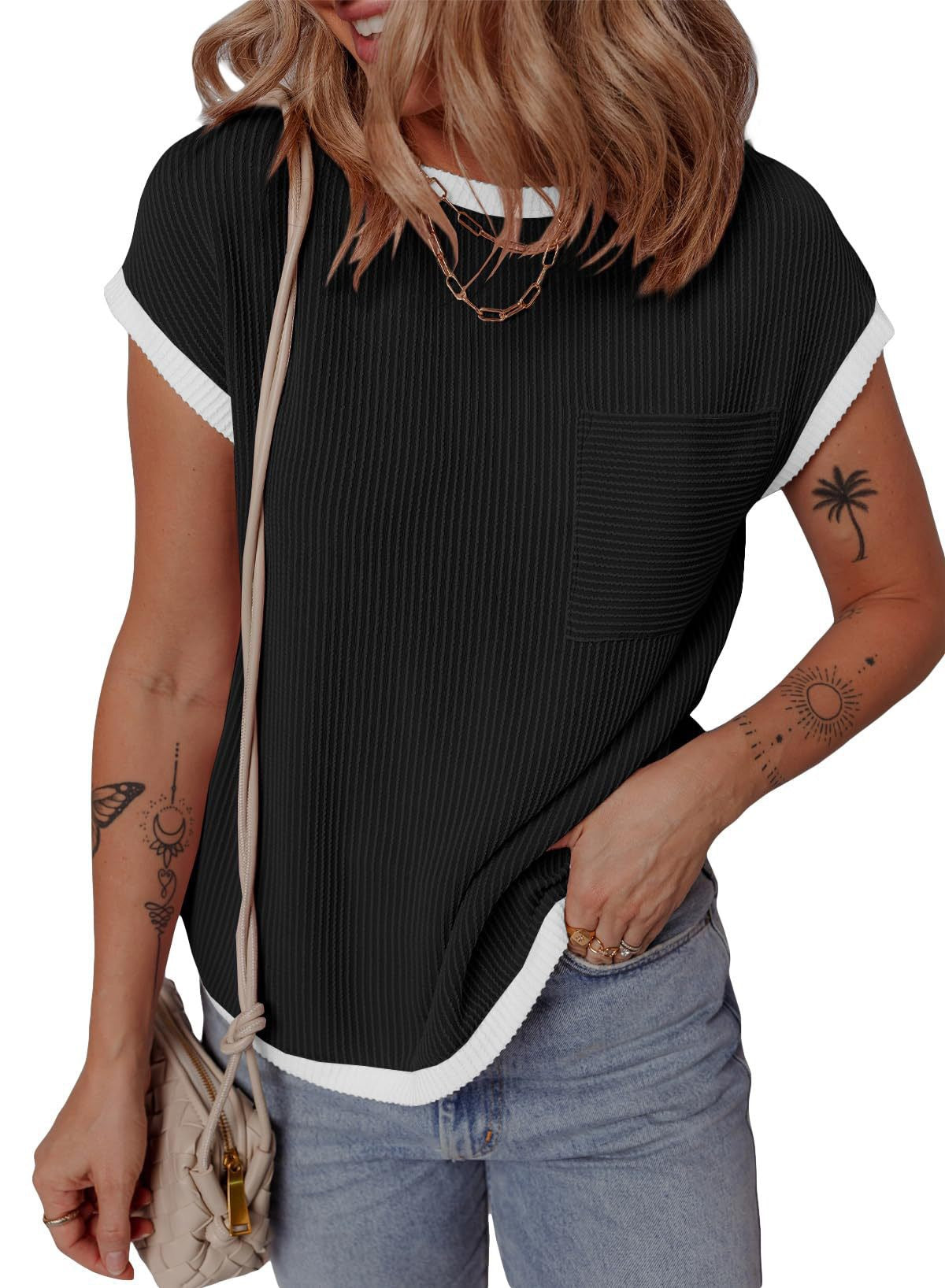 Women's Round Neck Knitted In Contrast Color Casual Twist Women's T-shirt
