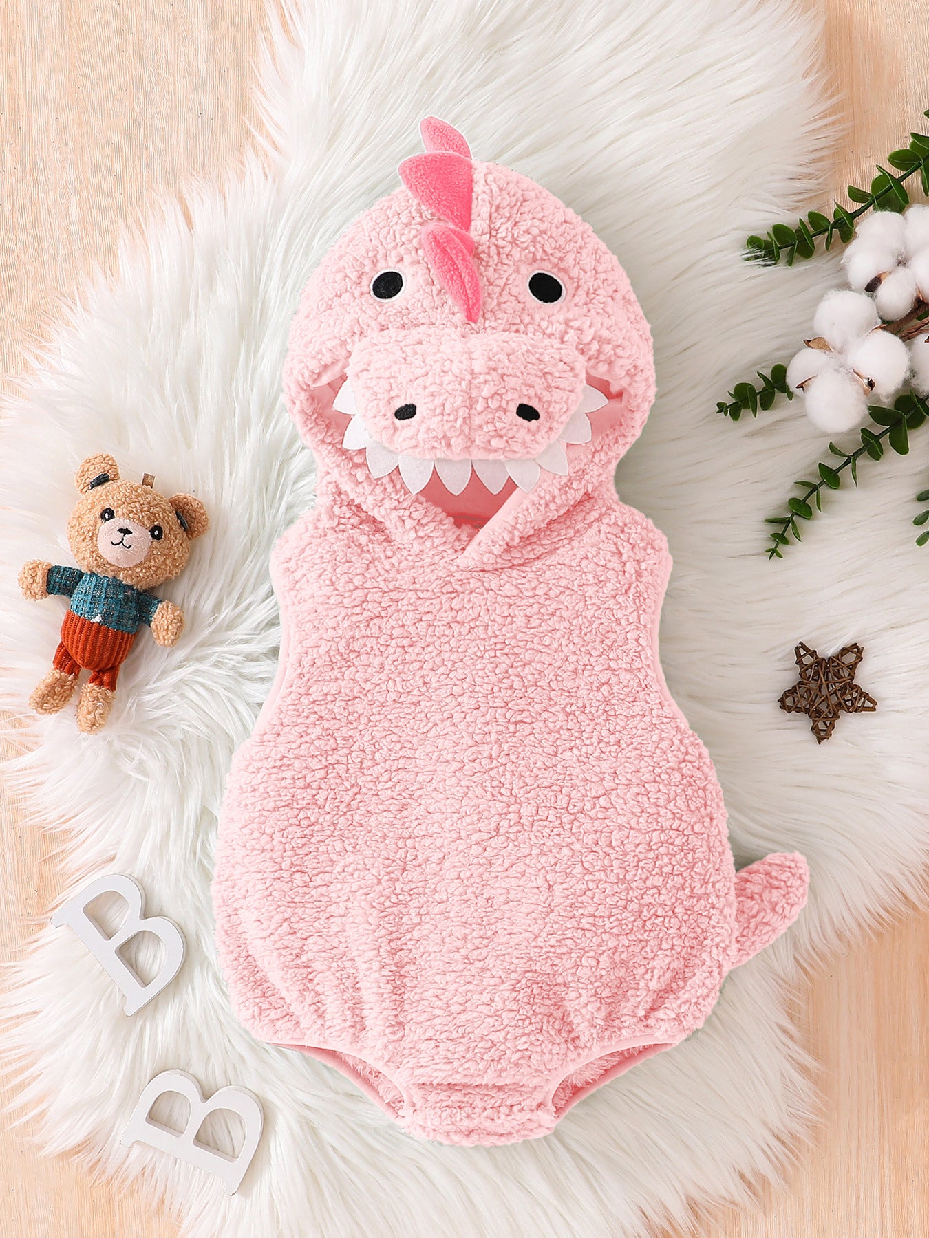 Infants Cute Cartoon Sleeveless Hooded Triangle Rompers Polar Fleece Dinosaur Jumpsuit, Climbing Suit