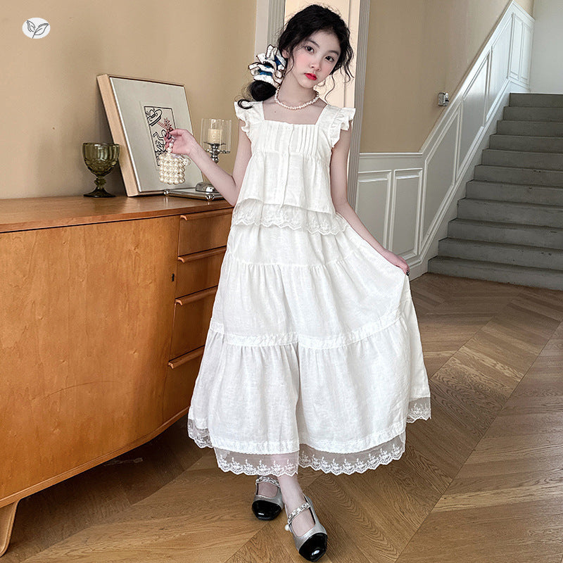 French Embroidery Summer Middle Big Flying Sleeve Top A- Line Children's Suit